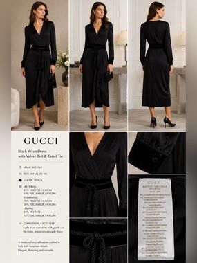 GUCCI Black Silk Blend Wrap Midi Dress Velvet Waist Tassel Belt IT 40 Small